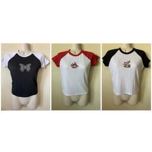 Lot Of 3 Faded Rose Mushroom Ribbed Raglan Short Sleeve Fitted Tee Top Size M/L